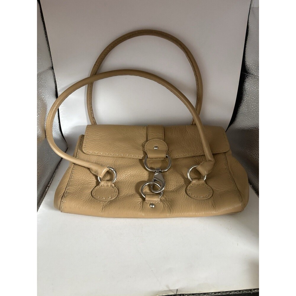 Vintage Antonio Melani Tan Leather Shoulder Bag Y2K Chunky Silver Ring Buckle